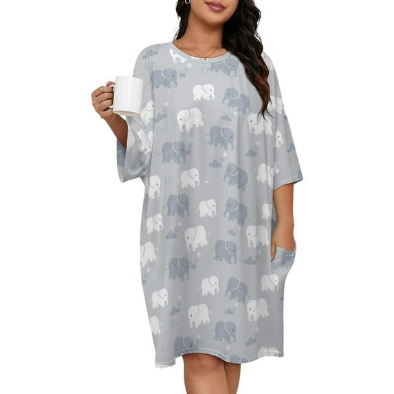 Cartoon Elephant Sleepshirts For Sleeping Travels Loose Sleepdress Pajama Dress Soft Nightdress Sleepwear