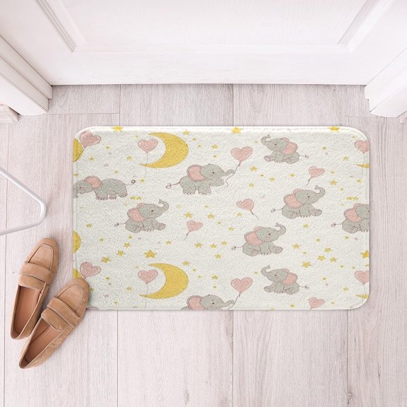 Cartoon Elephant Soft Fleece Bath Rug Wild Animal Polyester Door Mat Moon Star Print Non Slip Bathroom Floor Indoor Doormat 16x24 Inch