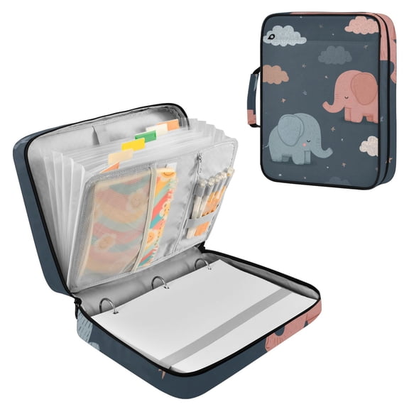 Cartoon Elephants with Stars Clouds Accordion File Organizer Expanding File Folder 3-Ring Binder Bag 500 Sheets A4 Size