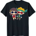 Cartoon Embrace TShirt Adorable Girl in Red Dress & Boy in Green Shirt