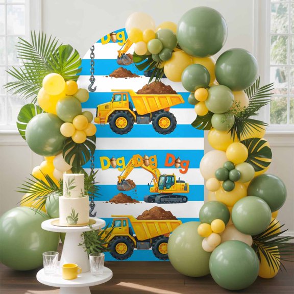 Cartoon Engineering Arch Backdrop Cover, 4FT, Dig Hooks Carload Excavator Blue Stripes Spandex Arch Covers Double-Sided Backdrop for Wedding Birthday Party Photo Background Decoration