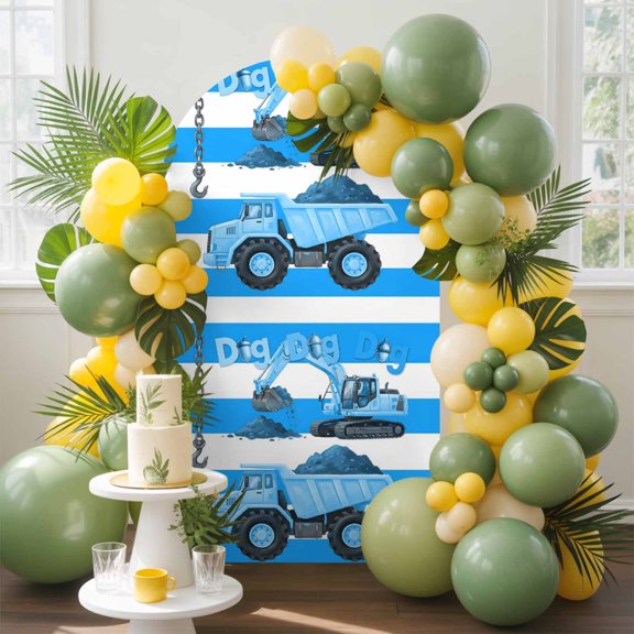 Cartoon Engineering Arch Backdrop Cover, 4FT, Dig Hooks Carloading Excavator Blue Stripes Spandex Arch Covers Double-Sided Backdrop for Wedding Birthday Party Photo Background Decoration