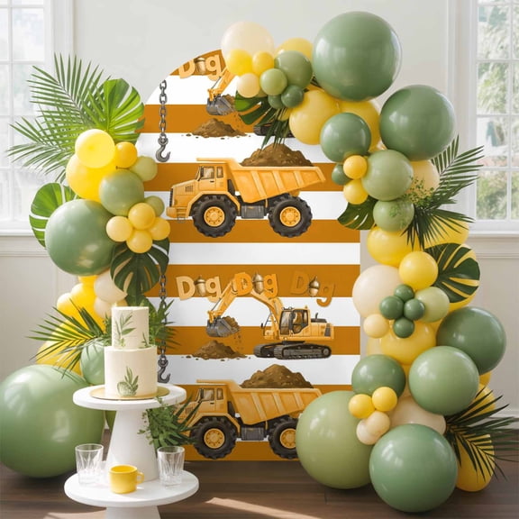 Cartoon Engineering Arch Backdrop Cover, 4FT, Dig Hooks Carloading Excavator Yellow Stripes Spandex Arch Covers Double-Sided Backdrop for Wedding Birthday Party Photo Background Decoration
