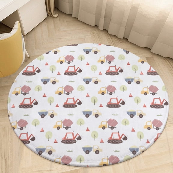 Cartoon Engineering Car Round Area Rugs for Bedroom Living Room, 4FT Soft Indoor Circle Carpets, Carpet Home Decor Floor Mat