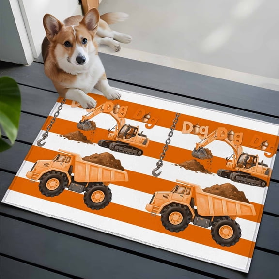 Cartoon Engineering Front Door Rugs 2x3 ft Dig Hooks Carloading Excavator Orange Stripes Small Rug for Entryway Non Slip Washable Bathroom Door Mat Absorbent Floor Mat for Indoor Entrance