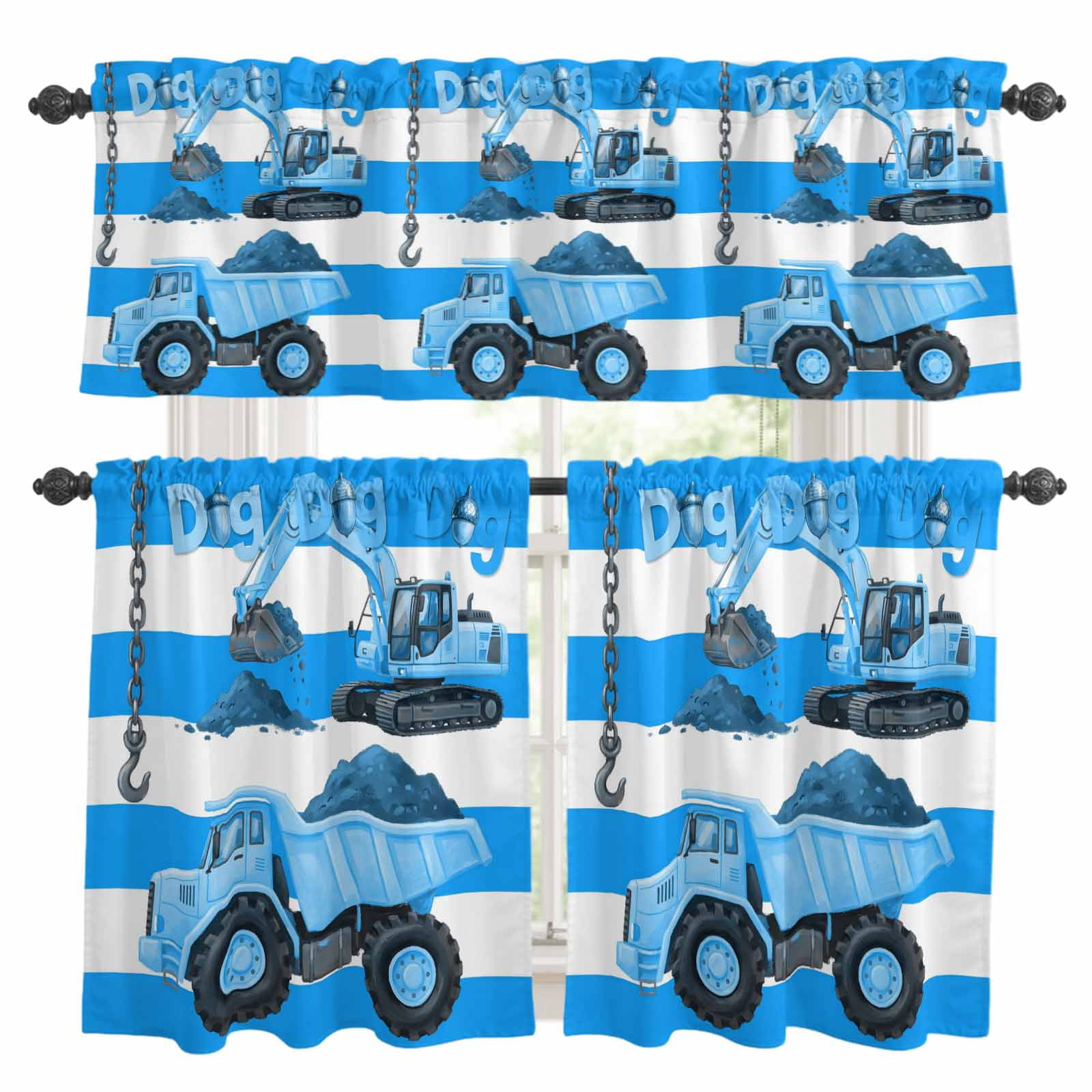 Cartoon Engineering Kitchen Curtains and Valances Set, Dig Hooks ...