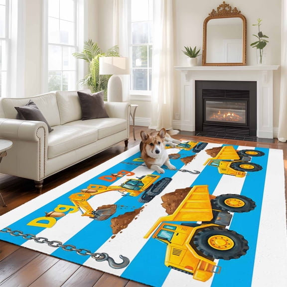 Cartoon Engineering Large Area Rugs 5x8 ft Dig Hooks Carload Excavator Blue Stripes Washable Rug Non Slip Indoor Carpet Absorbent Floor Mat for Living Room Bedroom Dining Room