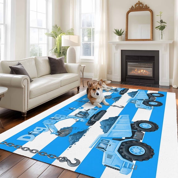 Cartoon Engineering Large Area Rugs 5x8 ft Dig Hooks Carloading Excavator Blue Stripes Washable Rug Non Slip Indoor Carpet Absorbent Floor Mat for Living Room Bedroom Dining Room