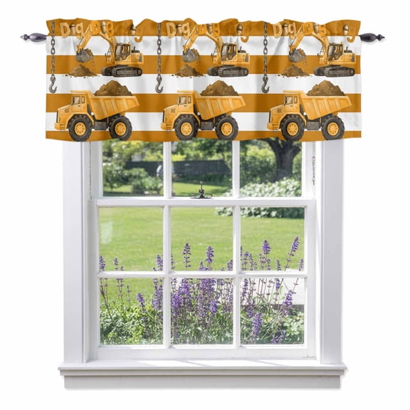 Cartoon Engineering Valances for Windows Dig Hooks Carloading Excavator Yellow Stripes Rod Pocket Cafe Window Treatments Valance Curtains for Kitchen Bathroom Laundry Basement Windows 60"x18"