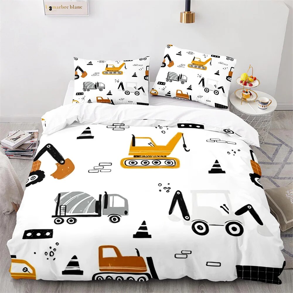 Cartoon Engineering Vehicle Childrens Duvet Cover Set Tractor Truck