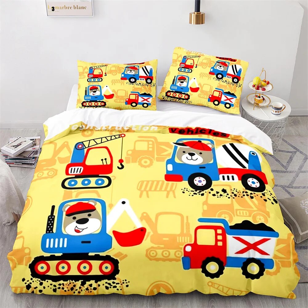Cartoon Engineering Vehicle Childrens Duvet Cover Set Tractor Truck