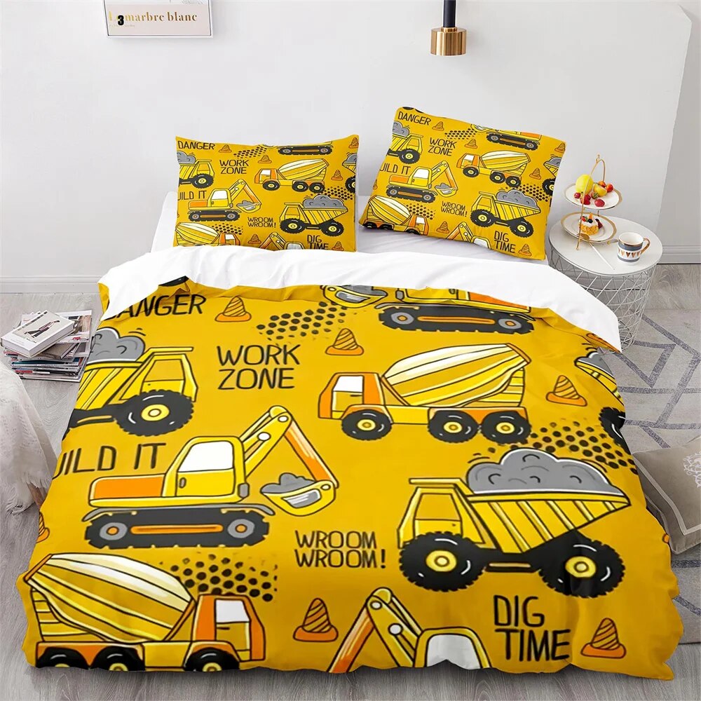 Cartoon Engineering Vehicle Childrens Duvet Cover Set Tractor Truck