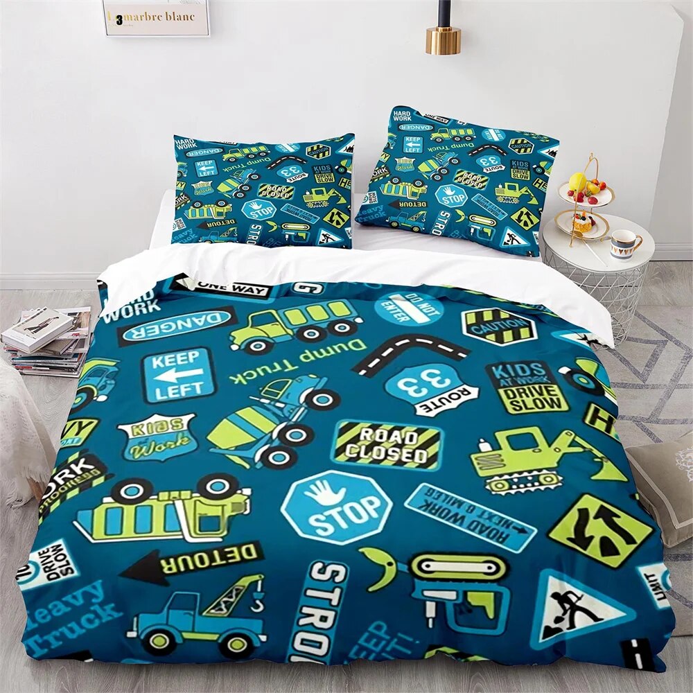 Cartoon Engineering Vehicle Childrens Duvet Cover Set Tractor Truck