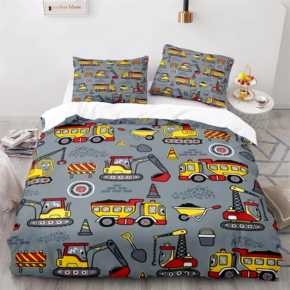 Cartoon Engineering Vehicle Childrens Duvet Cover Set Tractor Truck