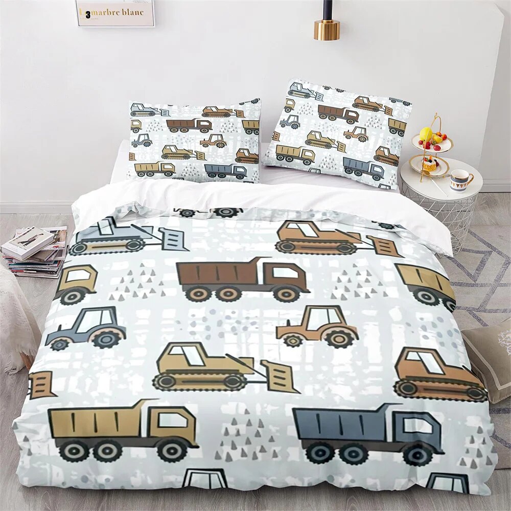 Cartoon Engineering Vehicle Childrens Duvet Cover Set Tractor Truck