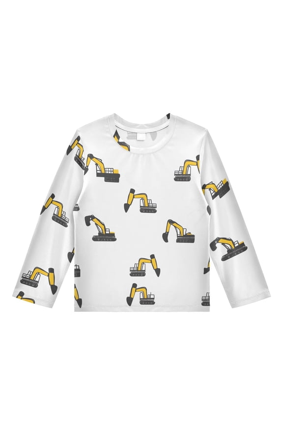 Cartoon Excavator Pattern Boys' Rash Guard Shirts UPF 50 Plus Sun Protection Short Sleeve Swim Tees 7-8T