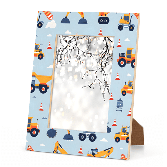 Cartoon Excavator Picture Frame, Sky Blue 5×7 in ,Eco Wood & Acrylic Photo Frame for Kids Room, Wall & Tabletop Decor, 5mm Thick