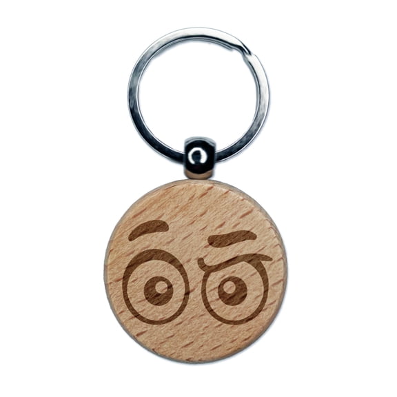 Cartoon Eyes Raised Brow Concerned Confused Judging Round Keychain Charm Tag - Engraved Wood
