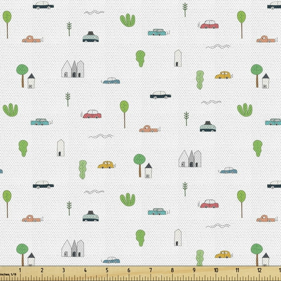 Cartoon Fabric by the Yard, Abstract Drawing of Vans Cars and Trees with House Buildings on Plain Background, Upholstery Fabric for Dining Chairs Home Decor Accents, Multicolor by Ambesonne