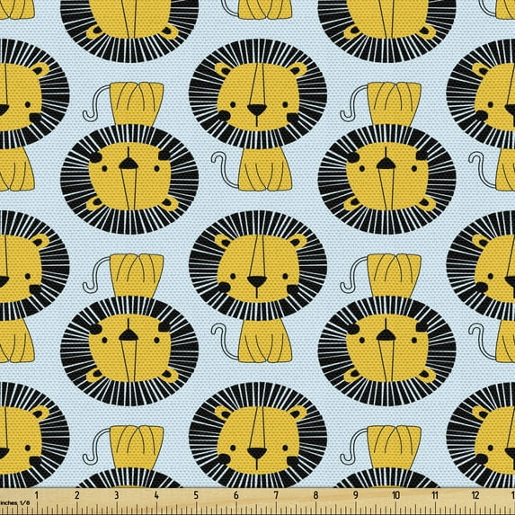 Ambesonne Cartoon Fabric by the Yard Upholstery, Lions in Circular Manes, 2 Yards, Pale Blue Orange