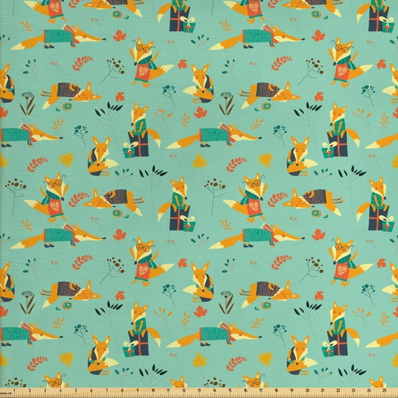 Ambesonne Cartoon Fabric by the Yard Upholstery, Foxes with Glasses, 5 Yards, Pale Green Orange