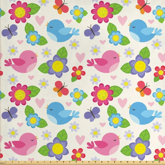 Ambesonne Cartoon Fabric by the Yard Upholstery, Birds Hearts Butterflies, 2 Yards, Multicolor