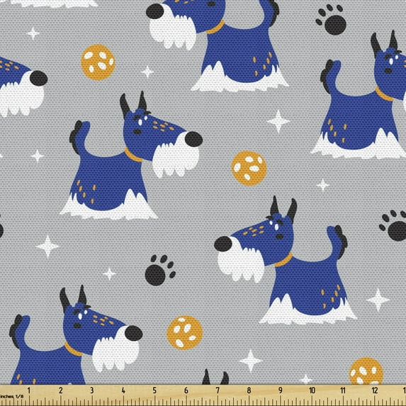 Ambesonne Cartoon Fabric by the Yard Upholstery, Blue Bearded Dogs Image, 3 Yards, Multicolor