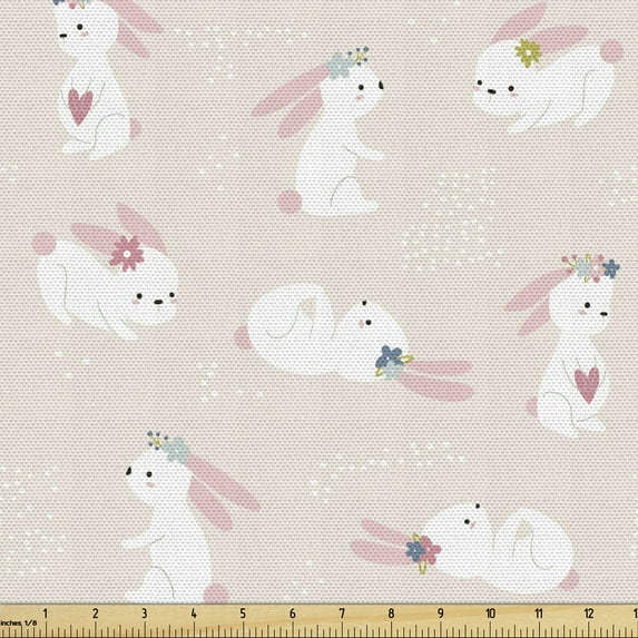 Cartoon Fabric by the Yard, Bunnies with Floral Wreath Girly Rabbits Toddler, Decorative Upholstery Fabric for Sofas and Home Accents, Pale Peach Blush by Ambesonne