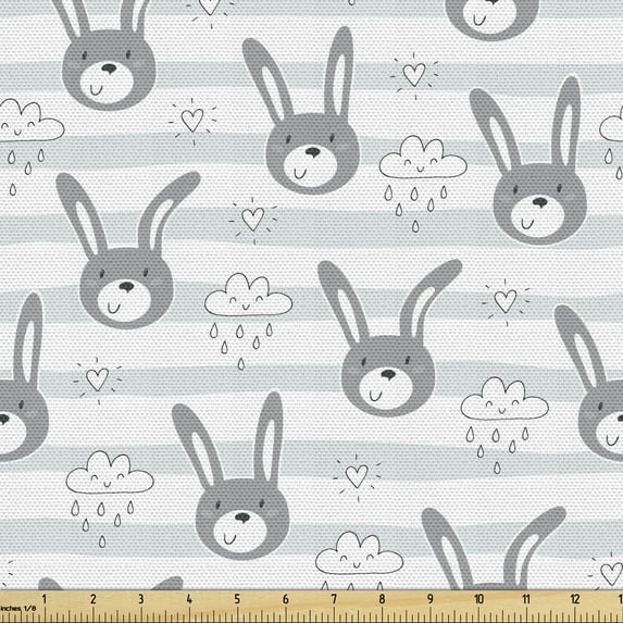 Ambesonne Cartoon Fabric by the Yard Upholstery, Bunnies and Raining Clouds, 1 Yard, Grey Pale Grey and White
