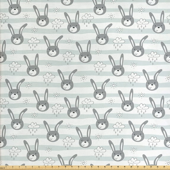 Ambesonne Cartoon Fabric by the Yard Upholstery, Bunnies and Raining Clouds, 10 Yards, Grey Pale Grey and White