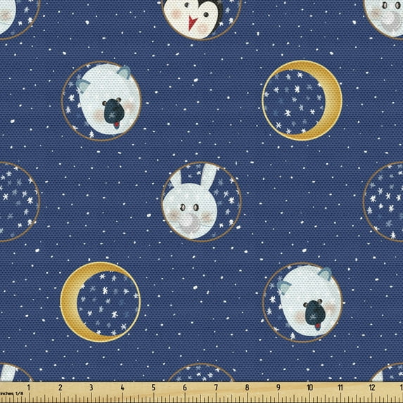 Ambesonne Cartoon Fabric by the Yard Upholstery, Bunny Polar Bear Penguin, 10 Yards, Night Blue and Pale Coffee