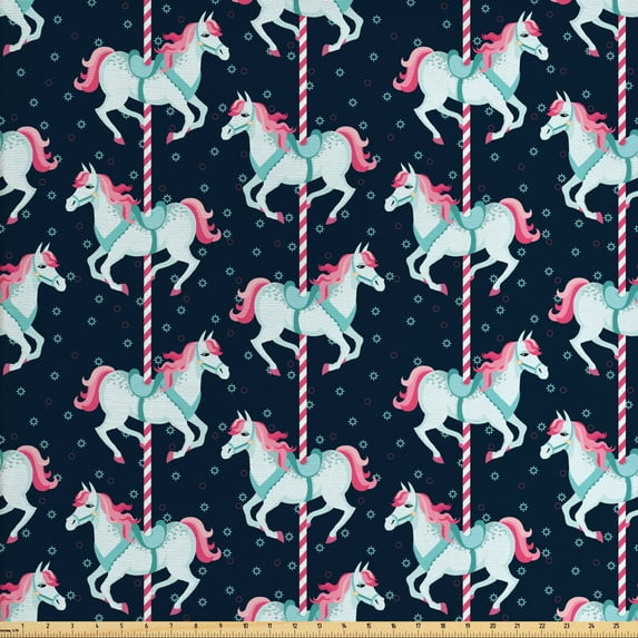 Ambesonne Cartoon Fabric by the Yard Upholstery, Carousel Horses, 2 Yards, Pale Blue Indigo Pink