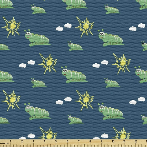 Ambesonne Cartoon Fabric by the Yard Upholstery, Caterpillar and Sun Pattern, 3 Yards, Sea Green Petrol Blue
