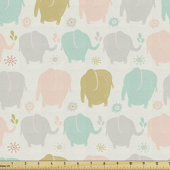Ambesonne Cartoon Fabric by the Yard Upholstery, Colorful Doodle Elephants, 10 Yards, Multicolor