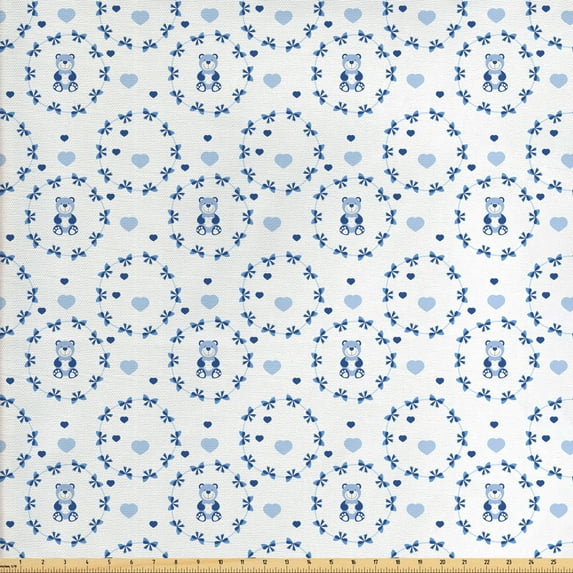 Cartoon Fabric by the Yard, Design Ribbons Teddy Bears Hearts Art, Decorative Upholstery Fabric for Sofas and Home Accents, Purple Grey Navy Blue by Ambesonne