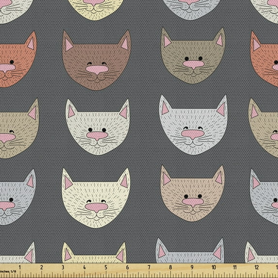 Ambesonne Cartoon Fabric by the Yard Upholstery, Doodle Cat Lover Pattern, 2 Yards, Grey and Multicolor