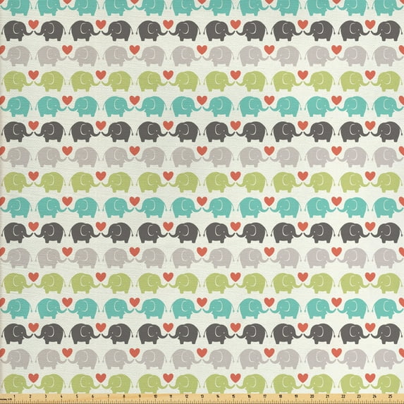 Ambesonne Cartoon Fabric by the Yard Upholstery, Elephants Love Adornment, 3 Yards, Multicolor