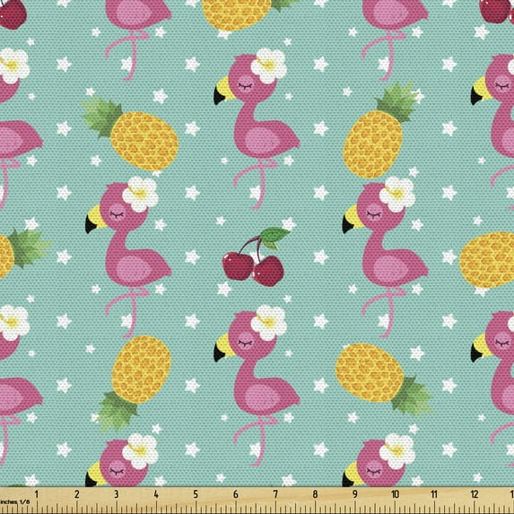 Ambesonne Cartoon Fabric by the Yard Upholstery, Exotic Flamingos Pineapples, 5 Yards, Multicolor