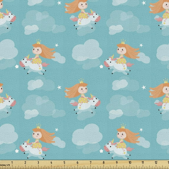 Ambesonne Cartoon Fabric by the Yard Upholstery, Cartoon in Fantasy World, 10 Yards, Dark Seafoam Multicolor