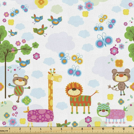 Cartoon Fabric by the Yard, Floral Background with Funny and Animals Giraffe Lion Monkeys and Butterflies, Upholstery Fabric for Dining Chairs Home Decor Accents, Multicolor by Ambesonne