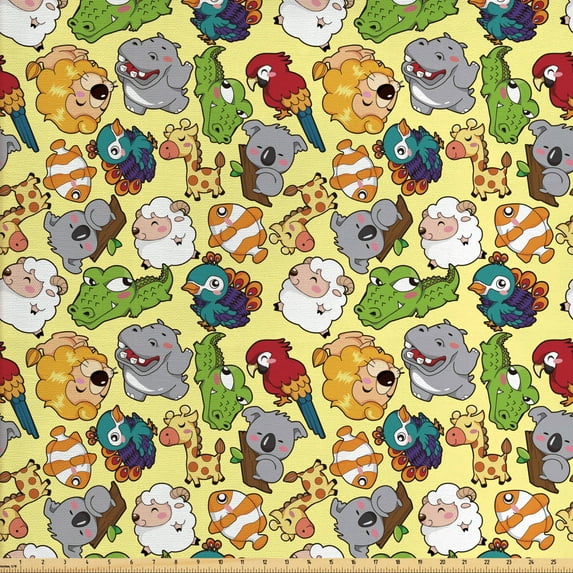 Ambesonne Cartoon Fabric by the Yard Upholstery, Hippo Giraffe Koala, 2 Yards, Multicolor