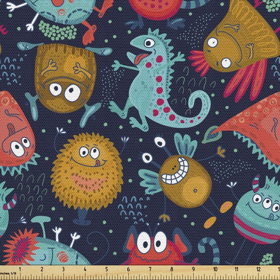 Cartoon Fabric by the Yard, Funny Creatures Dragons Fantasy Monster Characters Fiction Comic, Upholstery Fabric for Dining Chairs Home Decor Accents, Multicolor by Ambesonne