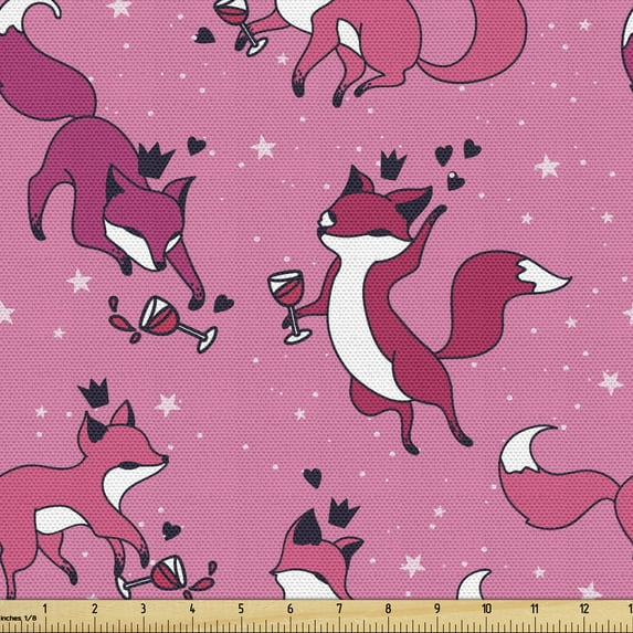Ambesonne Cartoon Fabric by the Yard Upholstery, Funny Foxes Having Fun Art, 5 Yards, Pink and Dark Magenta