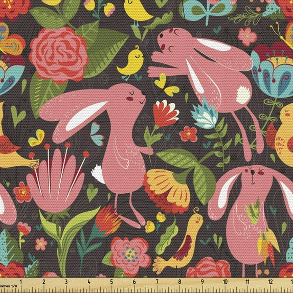 Cartoon Fabric by the Yard, Funny and of Rabbits and Birds with Various Flowers, Decorative Upholstery Fabric for Sofas and Home Accents, Multicolor by Ambesonne