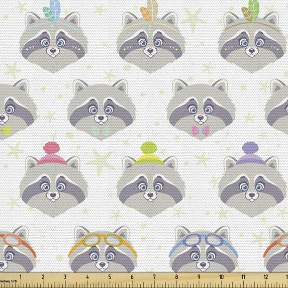 Ambesonne Cartoon Fabric by the Yard Upholstery, Funny Raccoon Style, 1 Yard, Multicolor