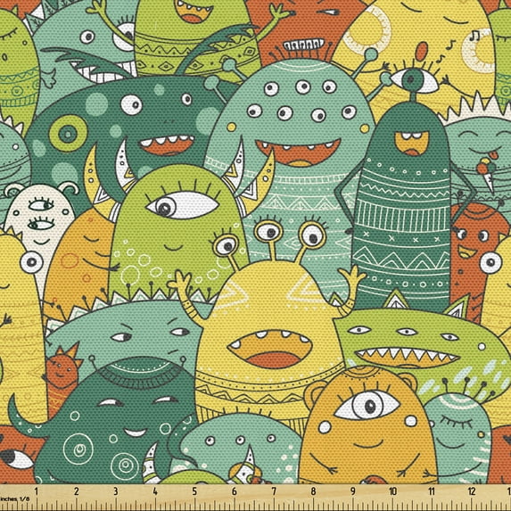 Ambesonne Cartoon Fabric by the Yard Upholstery, Funny Scary Monsters Motif, 1 Yard, Multicolor