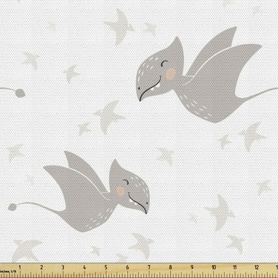 Ambesonne Cartoon Fabric by the Yard Upholstery, Happy Flying Little Dinos, 1 Yard, White Pale Taupe