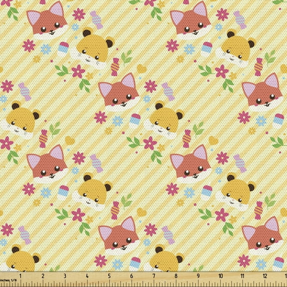 Ambesonne Cartoon Fabric by the Yard Upholstery, Happy Foxes and Ice Creams, 2 Yards, Pastel Yellow Multicolor