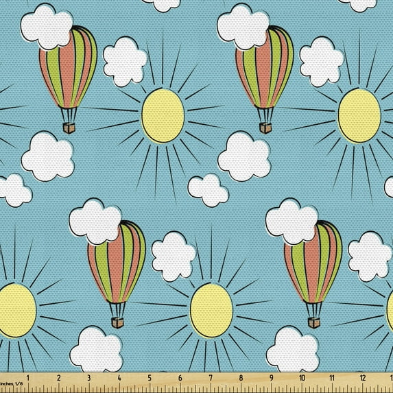 Cartoon Fabric by the Yard, Hot Air Balloons on Clouds in a Sunny Day Happiness Joy, Decorative Upholstery Fabric for Sofas and Home Accents, Multicolor by Ambesonne