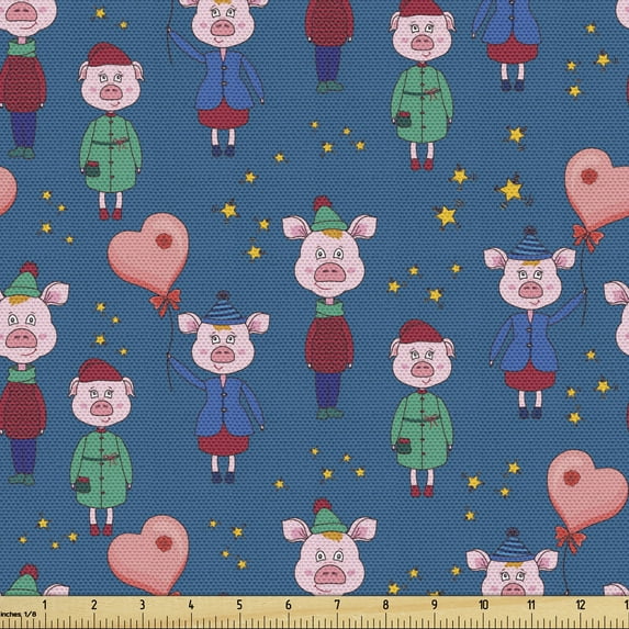 Ambesonne Cartoon Fabric by the Yard Upholstery, Pink Pigs Wearing Clothes, 3 Yards, Multicolor